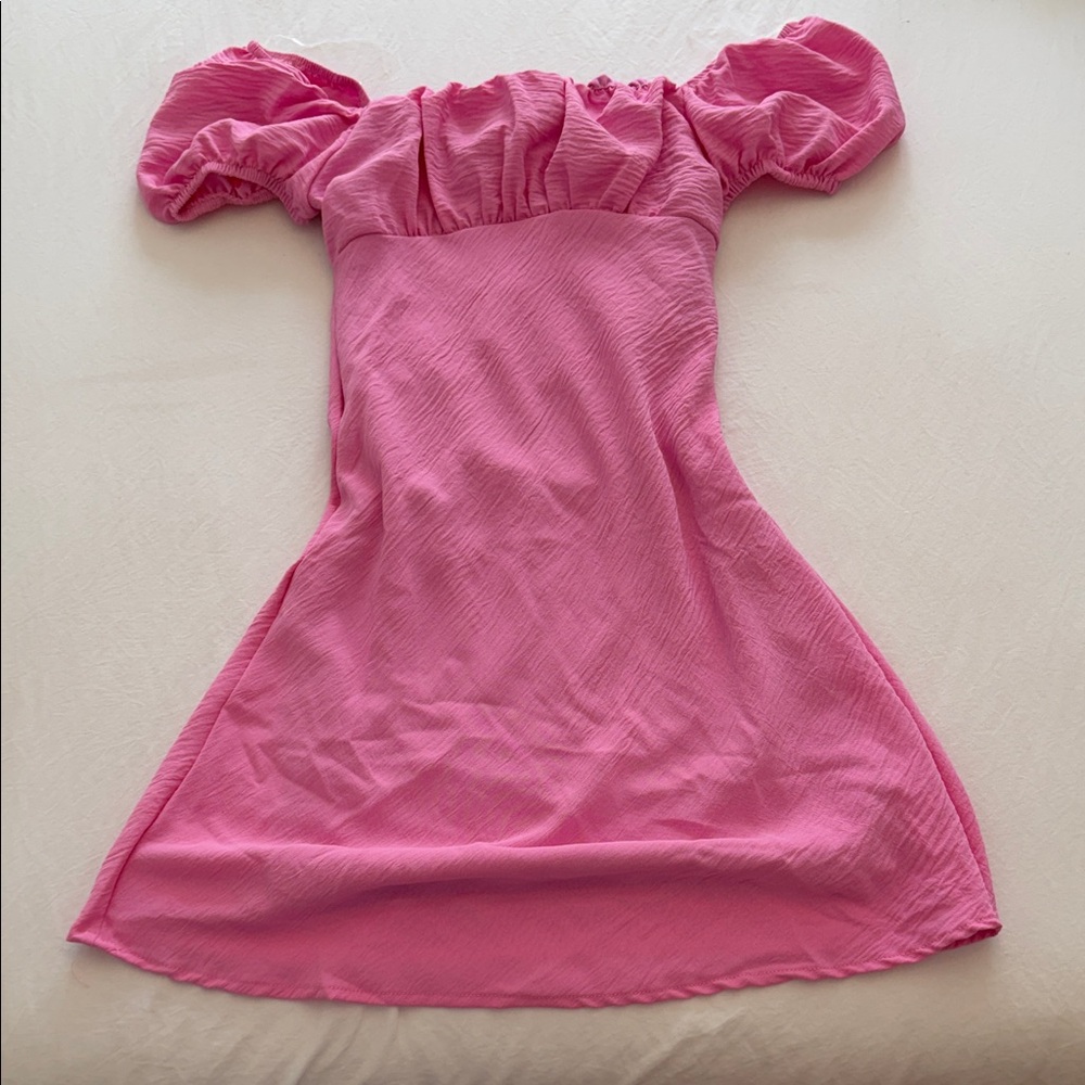 Altar'd State Bubblegum Pink Off-Shoulder Puff-Sleeve Mini Dress